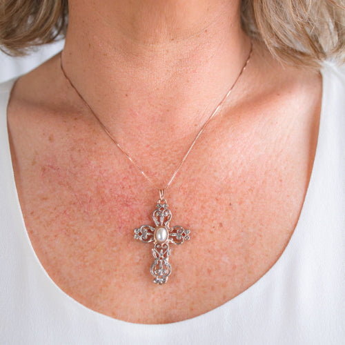 Ornate Rose Gold & Pearl Cross Pendant