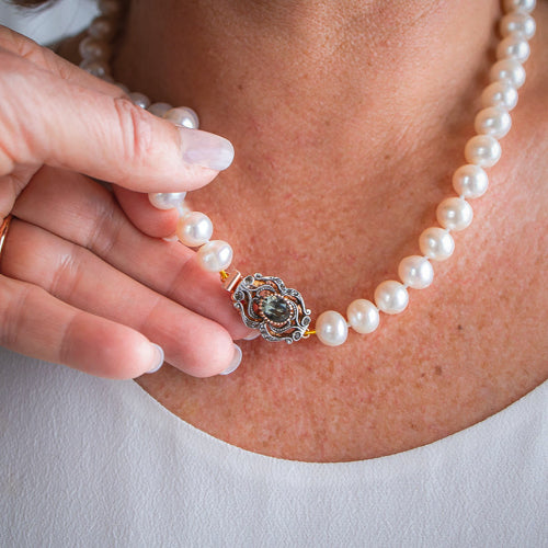 White Cultured Freshwater Pearl Necklace with Crystal Clasp - 45cm