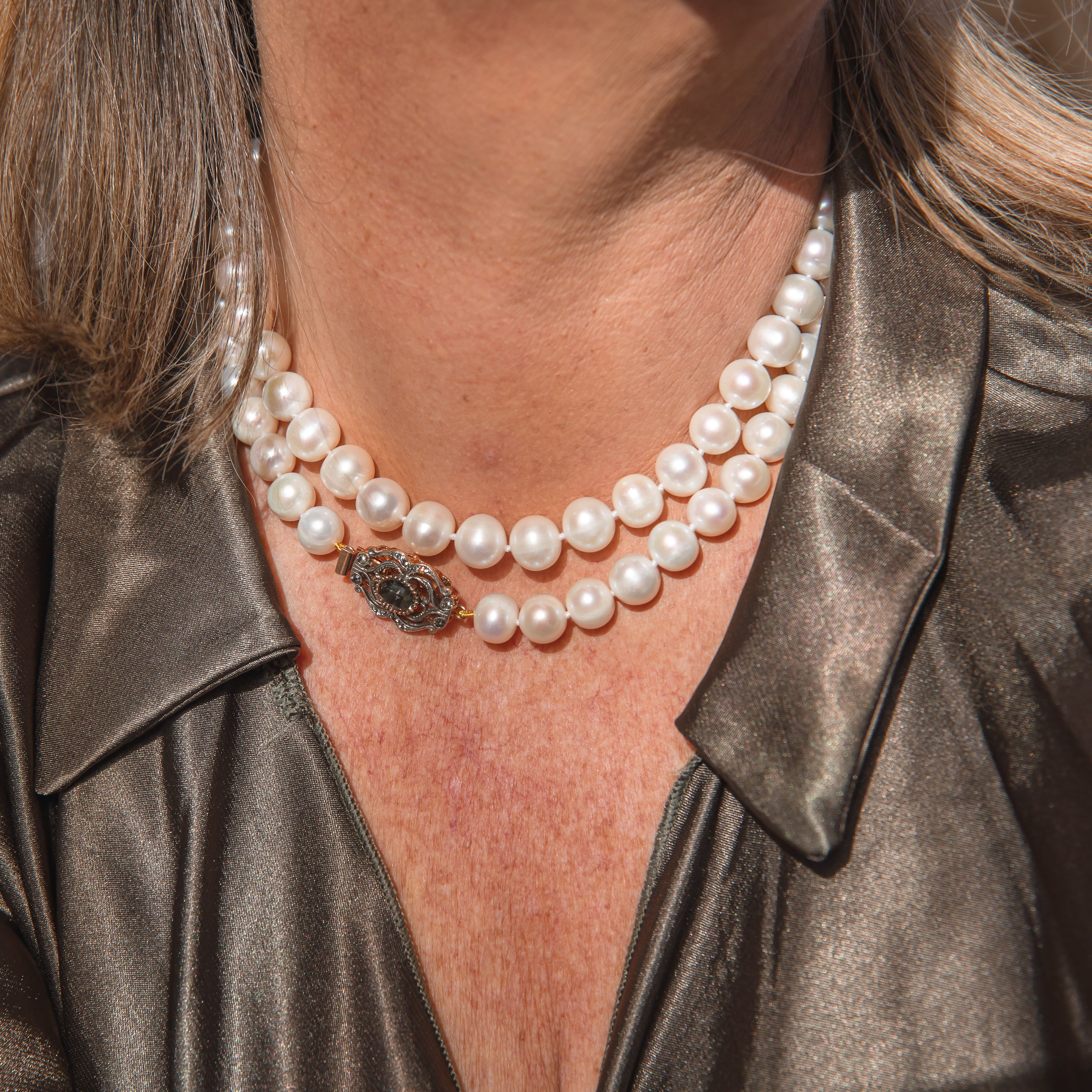 White Baroque Pearl Necklace with Fume Crystal Clasp - 61cm