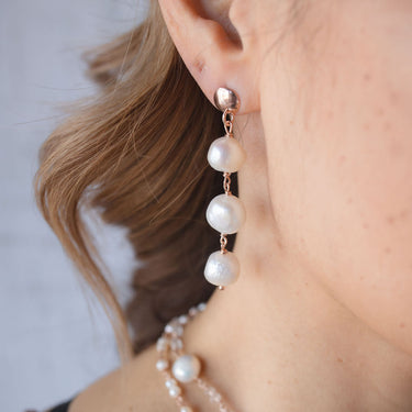 White Pearl 3 Drop Stud Earrings