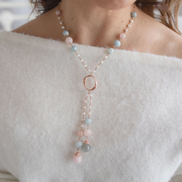Morganite & Pearl Necklace with Drop Chain