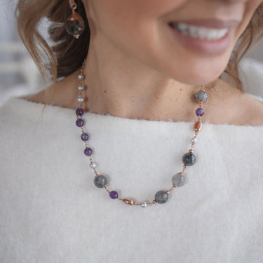 Amethyst, Cloudy Quartz, & Silver Pearl Necklace - 58cm