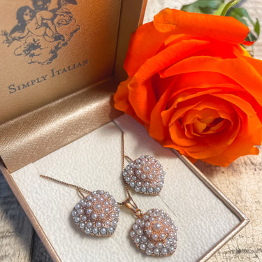White Pearl & Rose Gold Heart Earrings