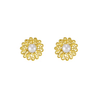 Filigree Flower Pearl Earrings - Yellow Gold