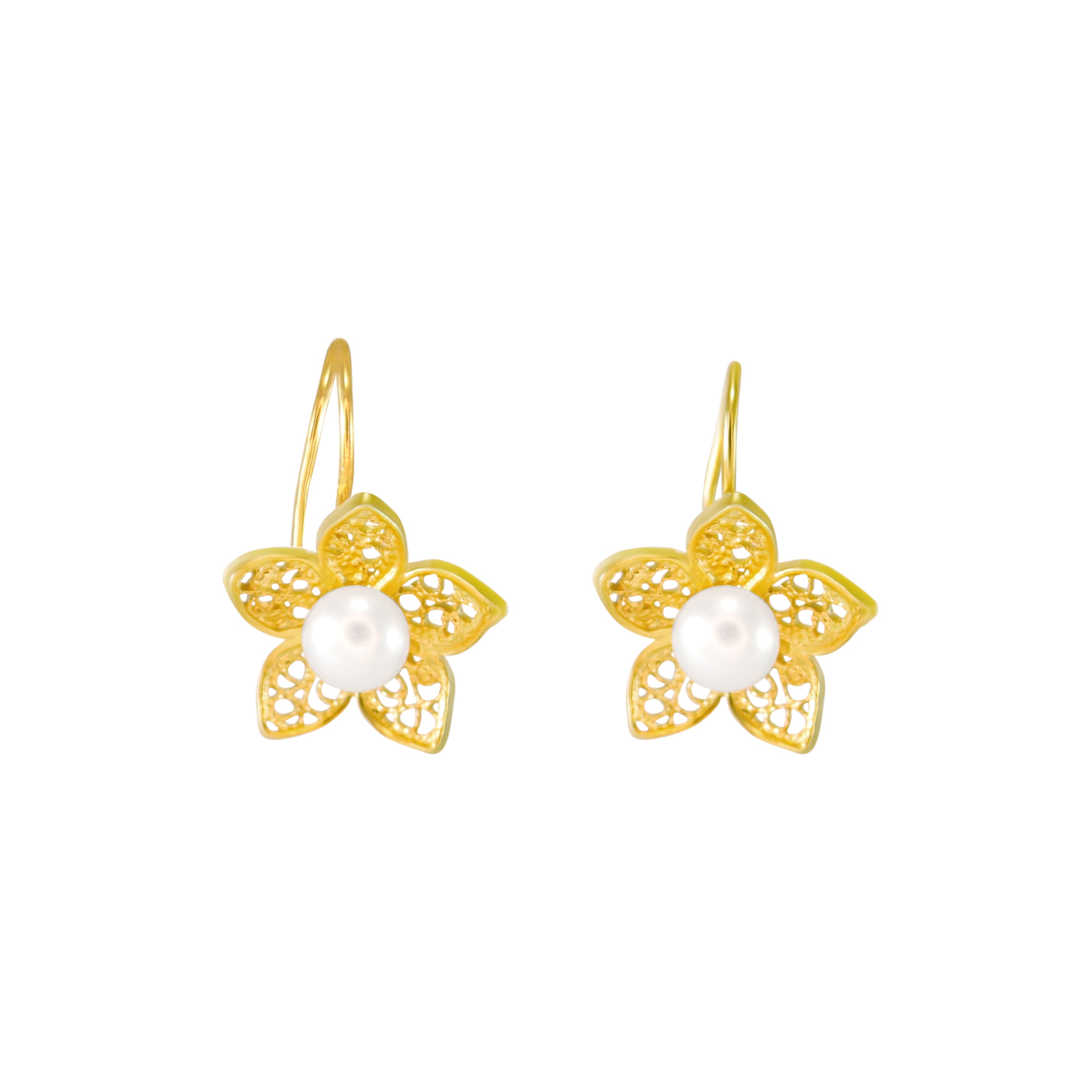 Filigree Star Pearl Earrings - Yellow Gold