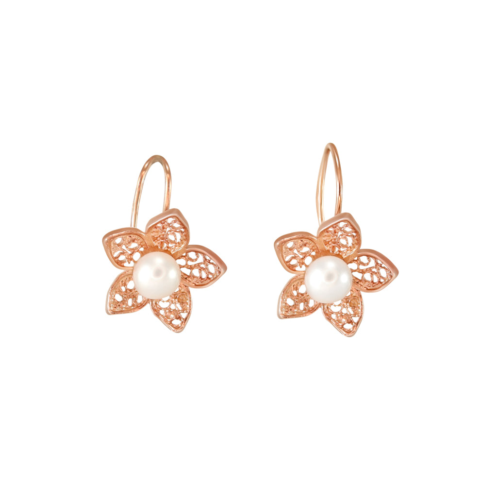 Filigree Star Pearl Earrings - Rose Gold