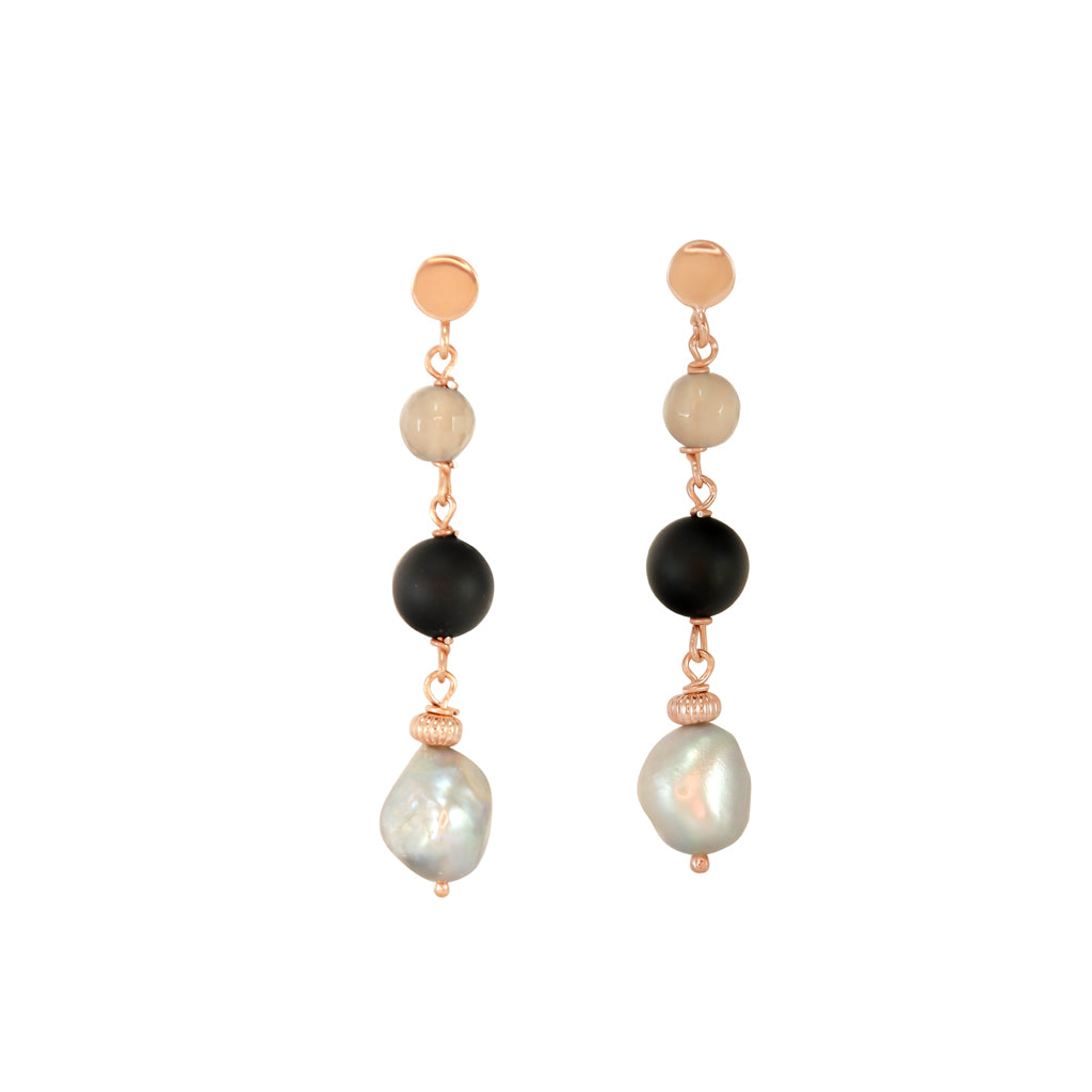 Silver Pearl, Matte Black Agate & Uruguay Agate Earrings