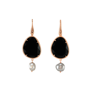 Black Agate & Silver Pearl Drop Earrings