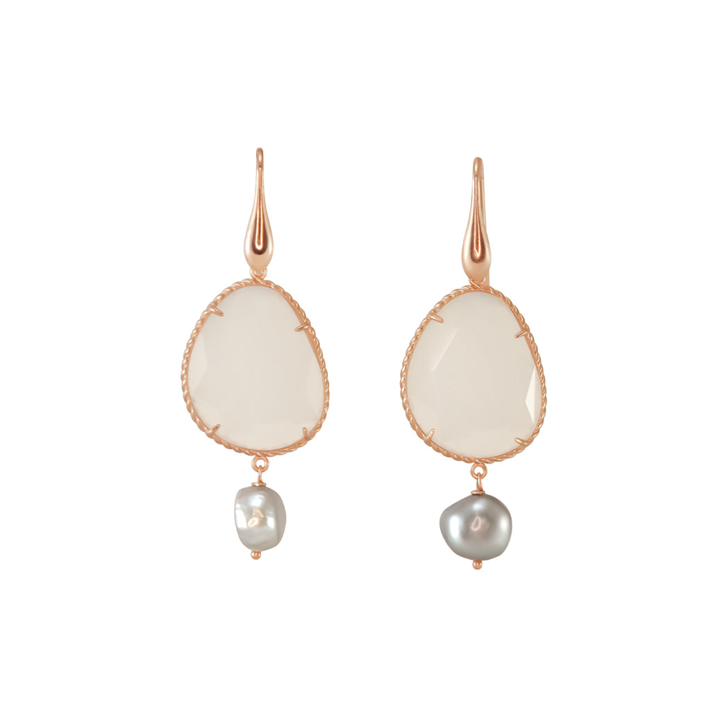 White Agate & Silver Pearl Drop Earrings