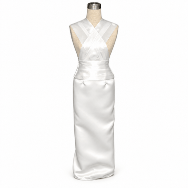 Cream-colored Linen Jewellery display stand with slim dress.
