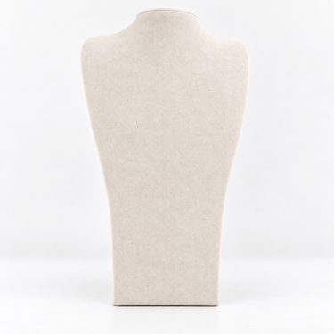 A modern, sculptural jewelry display bust made of textured beige fabric.