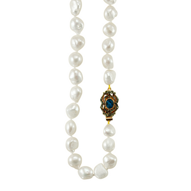 White Baroque Pearl Necklace with Blue Crystal Clasp - 61cm