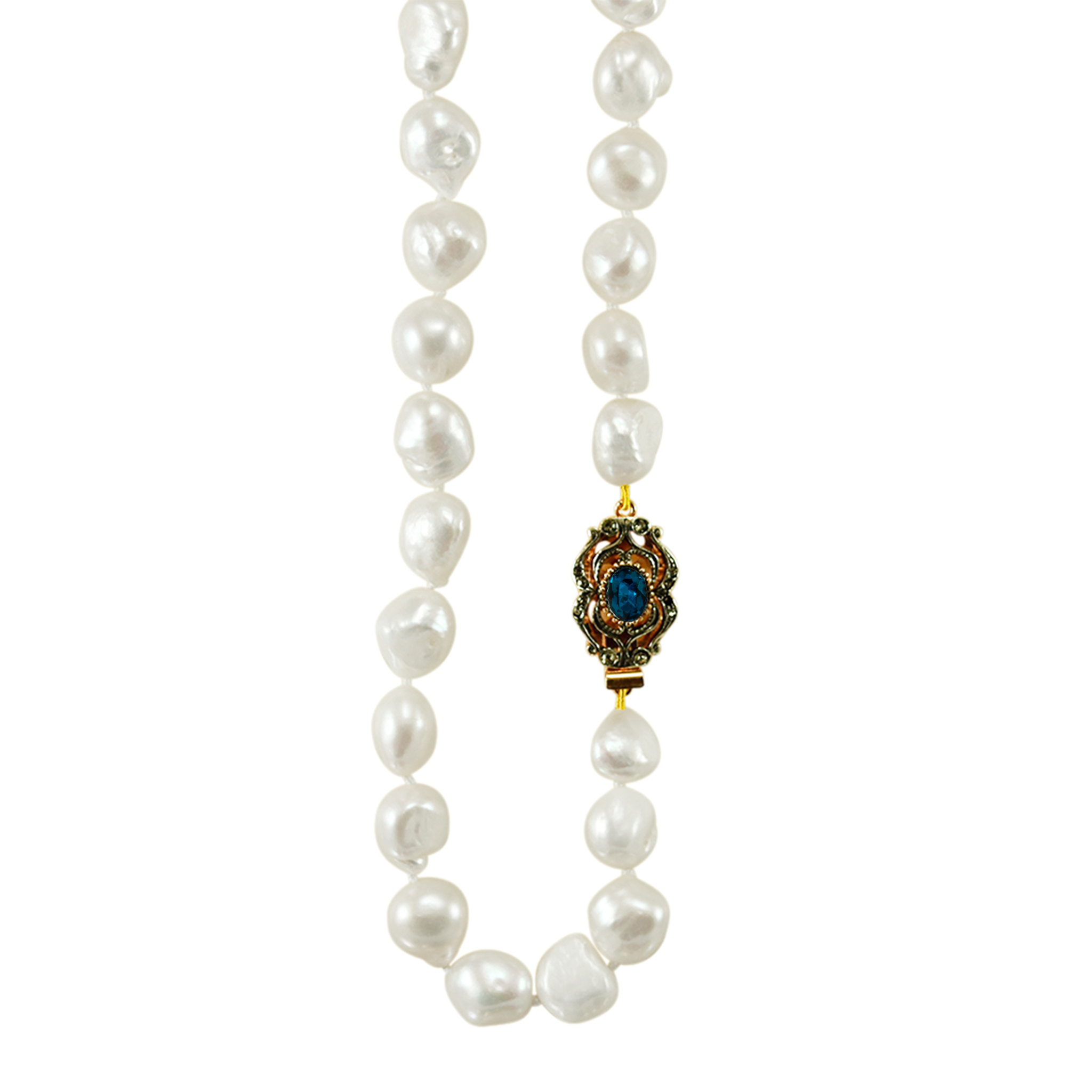 Baroque White Pearl Necklace with Blue Crystal Clasp
