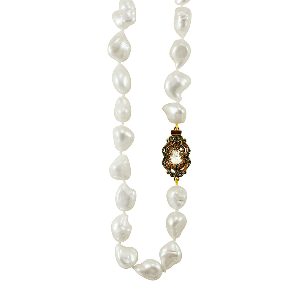 White Baroque Pearl Necklace with Bright Crystal Clasp - 61cm