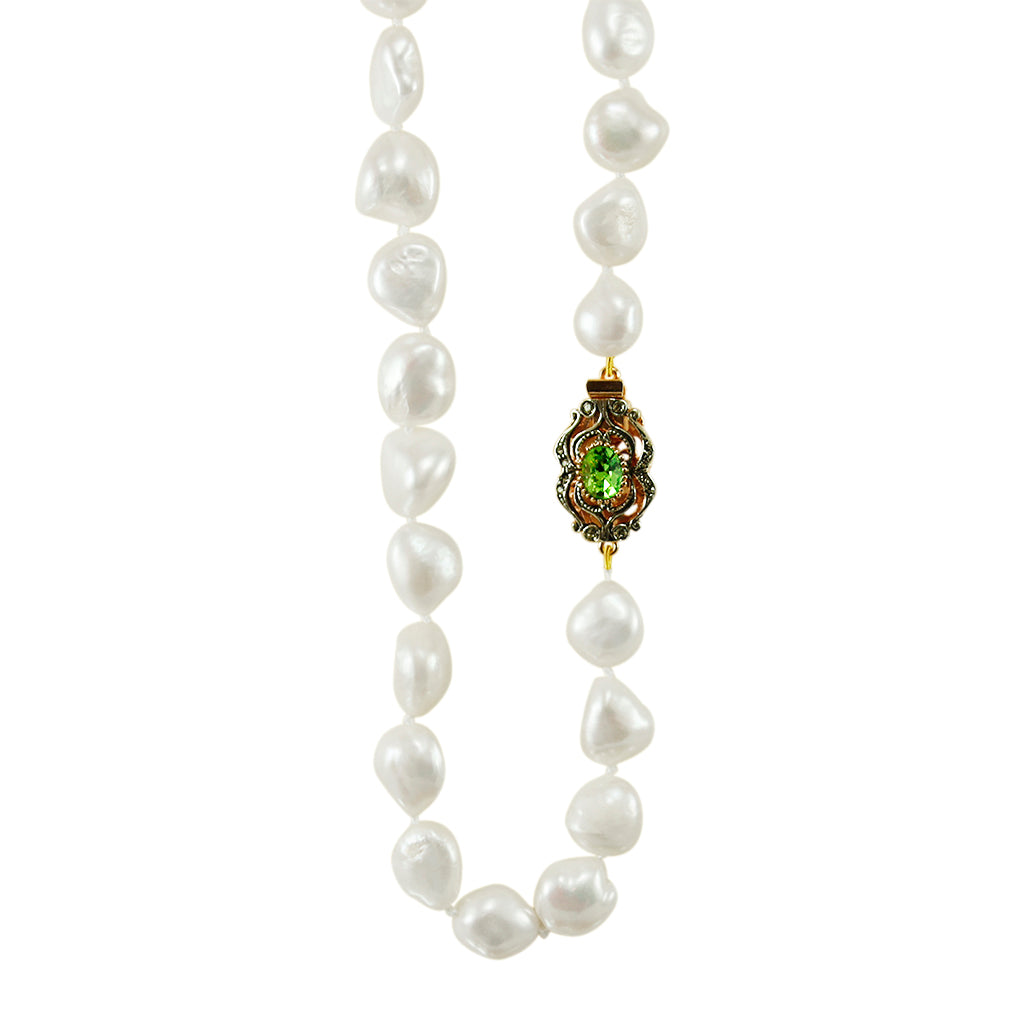 Baroque White Pearl Necklace with Green Crystal Clasp