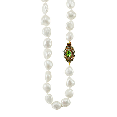 White Baroque Pearl Necklace with Green Crystal Clasp - 61cm
