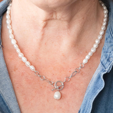 Cultured Baroque White Pearl Silver Toggle Necklace