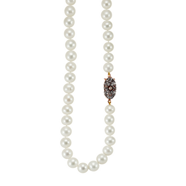 White Pearl Necklace with Filigree Crystal Oval Clasp - 48cm