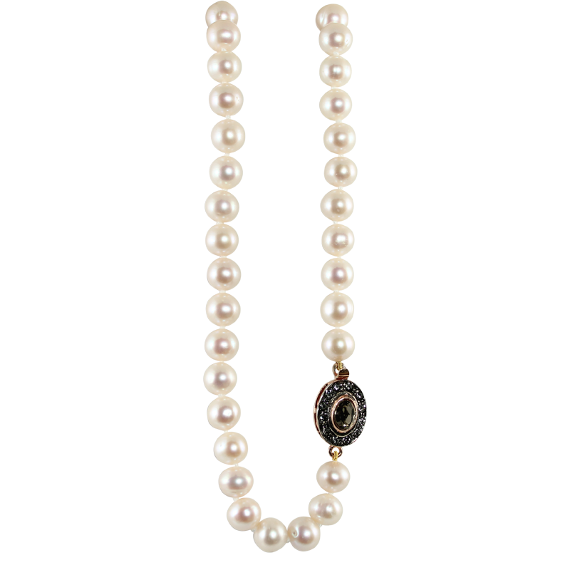 White Pearl Necklace with Fume Crystal Oval Clasp