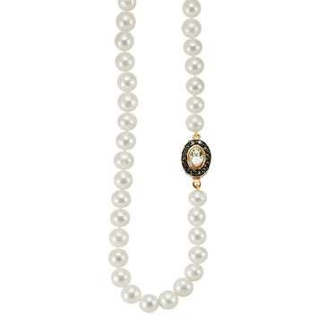 White Pearl Necklace with Bright Crystal Oval Clasp