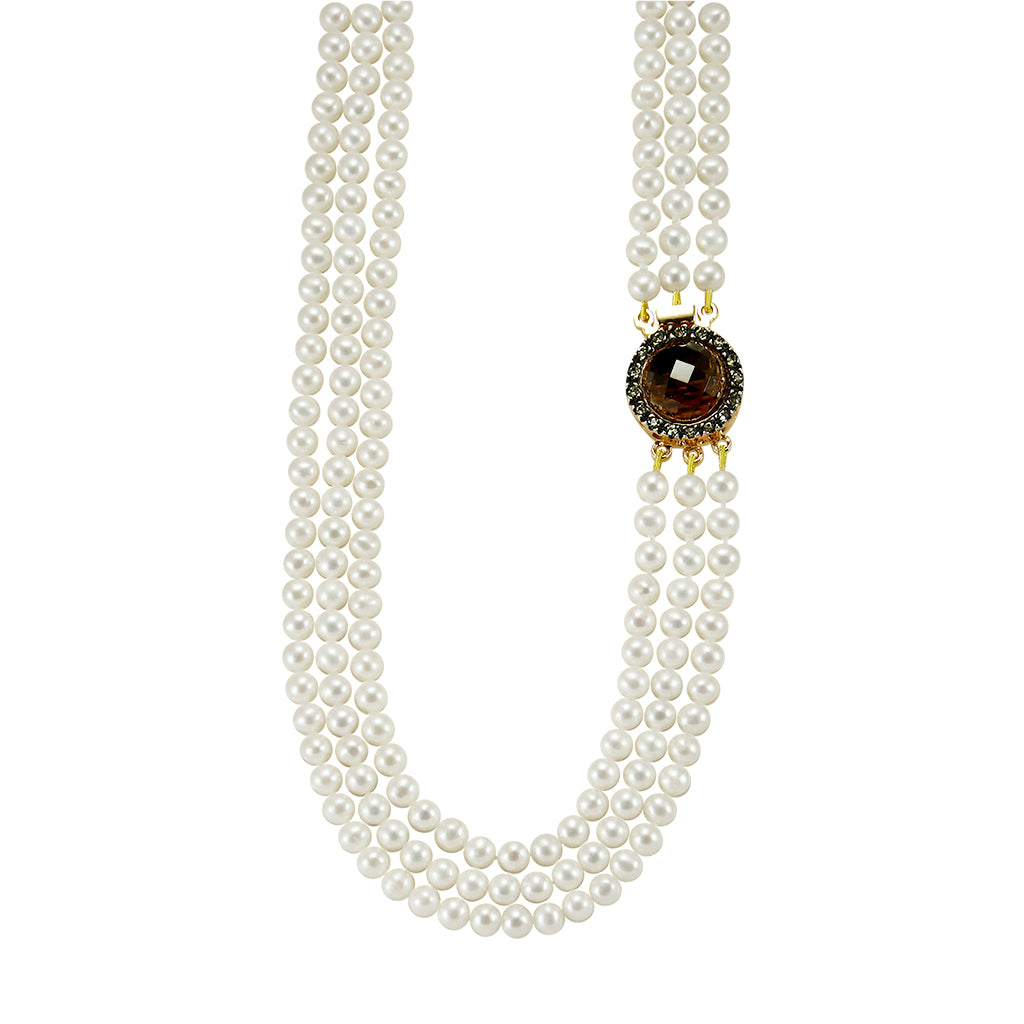 Triple Strand White Pearl Necklace with Smoky Quartz Clasp