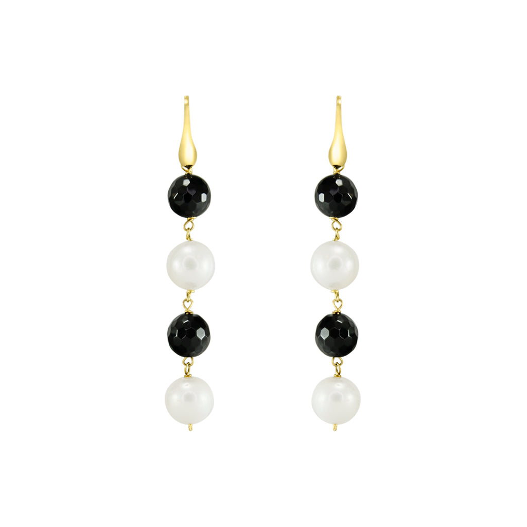 Black Agate & Pearl Four Drop Earrings