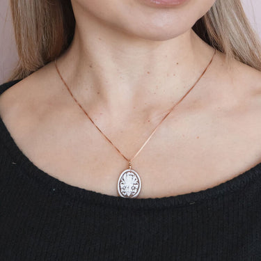 27mm Oval Flower Cameo pendant on 18ct rose gold, 925 sterling silver boxlink 48cm chain