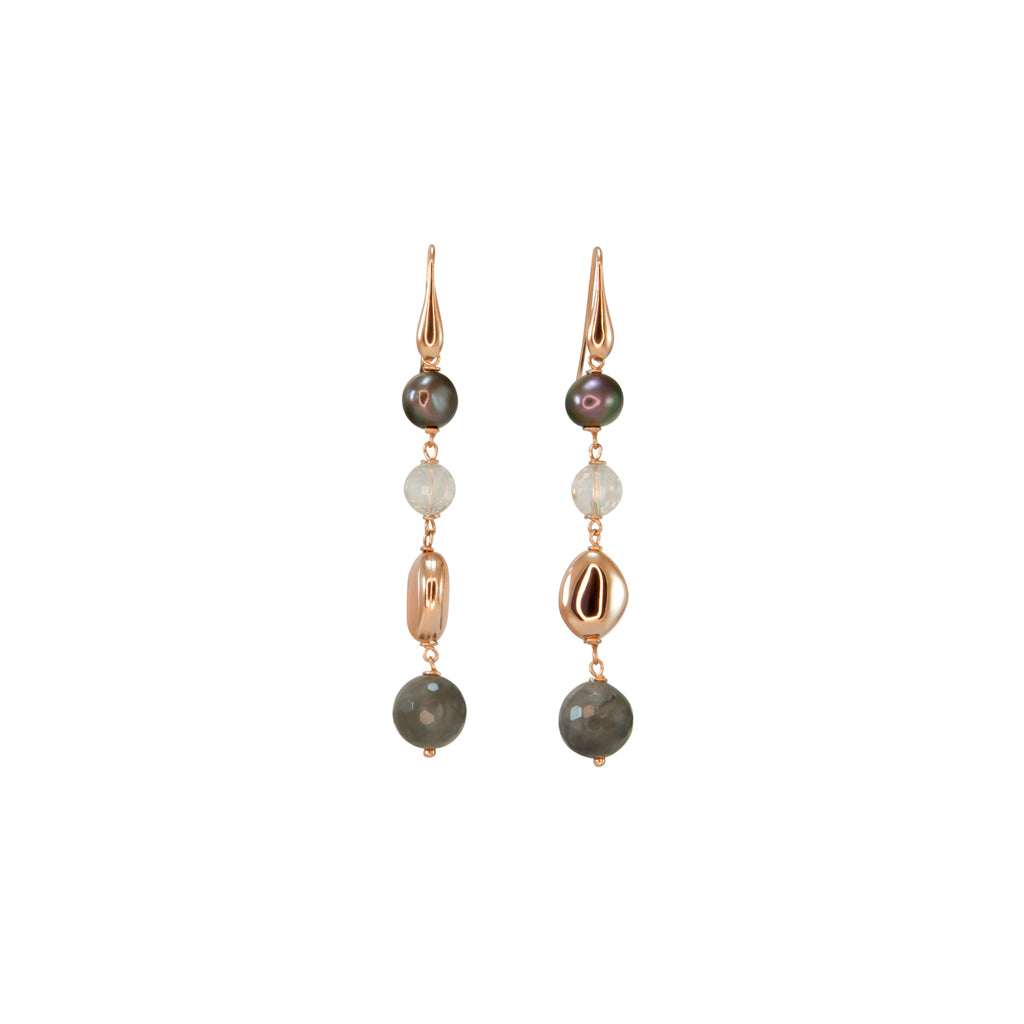 Peacock Pearl, Crystal Drop, Rose Gold Nugget & Cloudy Quartz Earrings