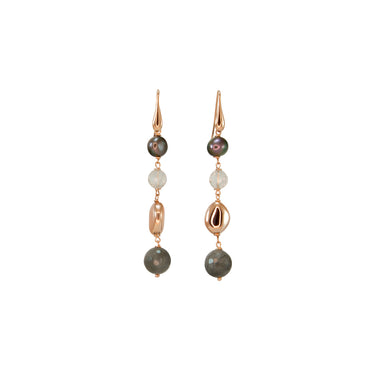 Peacock Pearl, Crystal Drop, Rose Gold Nugget & Cloudy Quartz Earrings