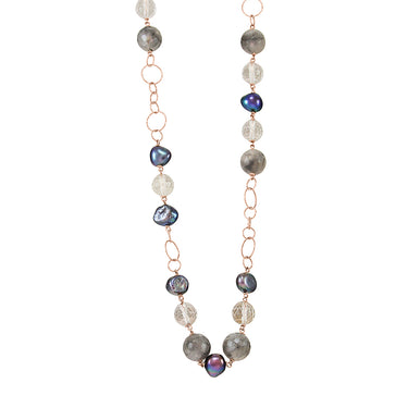 Silver Pearl, Cloudy Quartz, Crystal & Rose Gold Necklace - 110cm