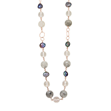 Silver Pearl, Cloudy Quartz, Crystal & Rose Gold Necklace - 56cm