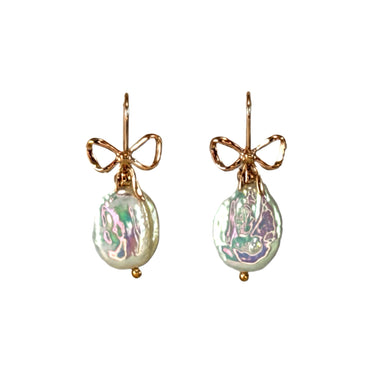 Oval Bow Coin Pearl Earrings