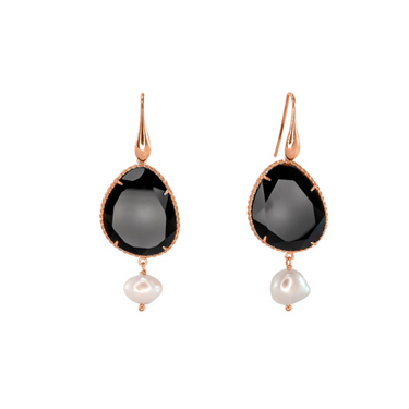 Black Agate & Pearl Drop Hook Earrings