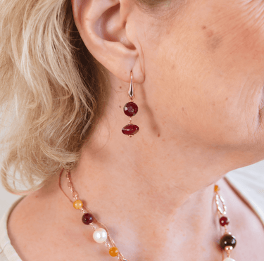 Double red agate 8mm drop earrings and 18ct rose gold on sterling silver.