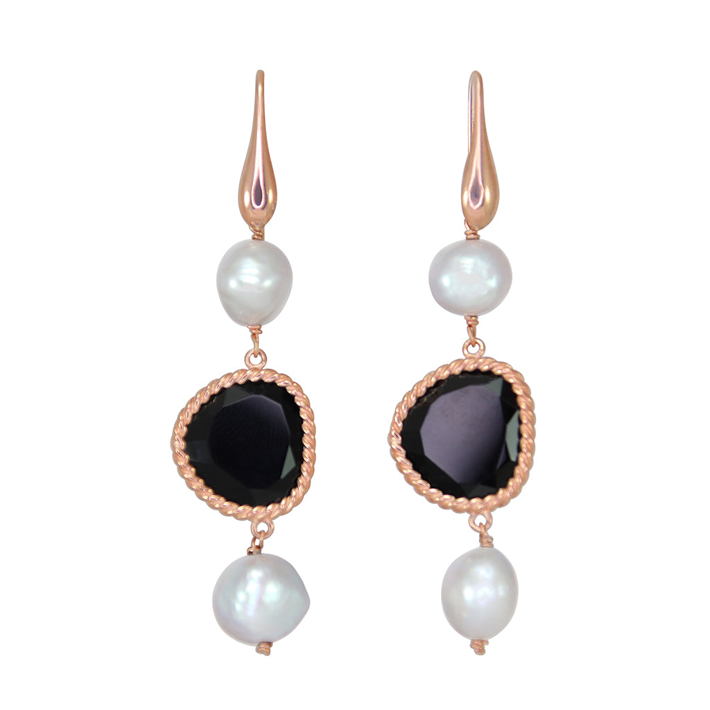 Black Agate & Silver Pearl Earrings