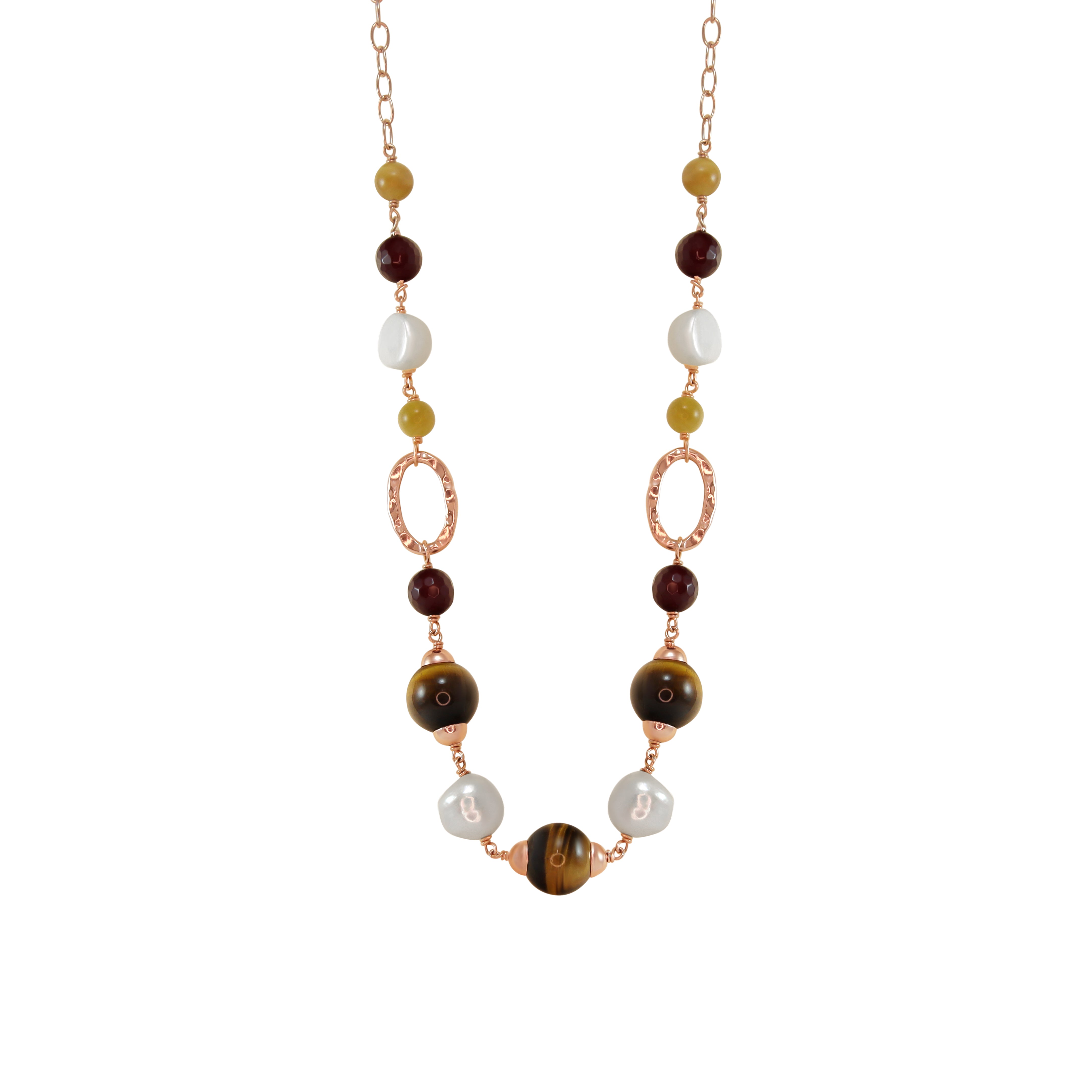 Pearl, Ruby Agate & Tigers Eye Necklace