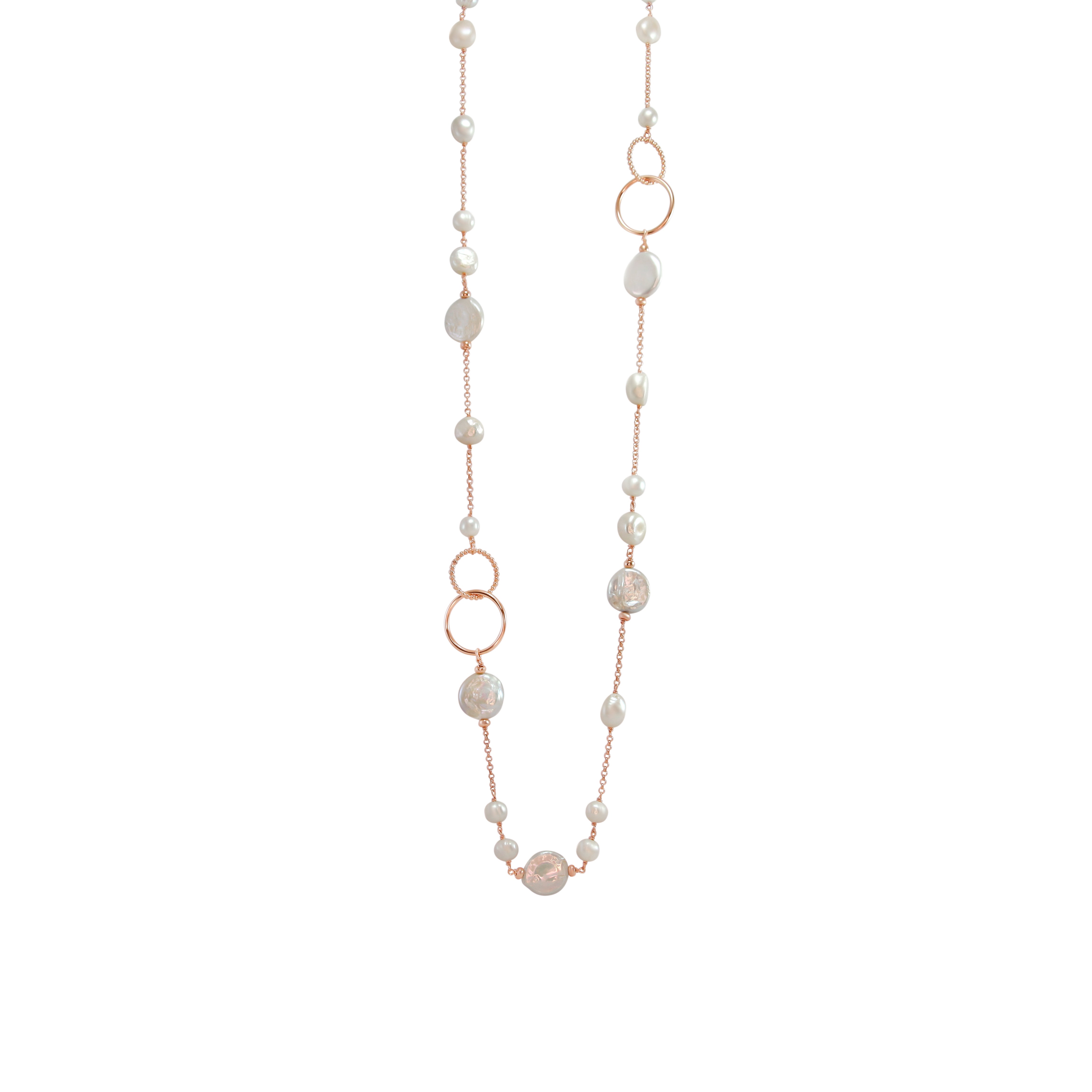Pearl, Coin Pearl & Circle Link Necklace - 82cm