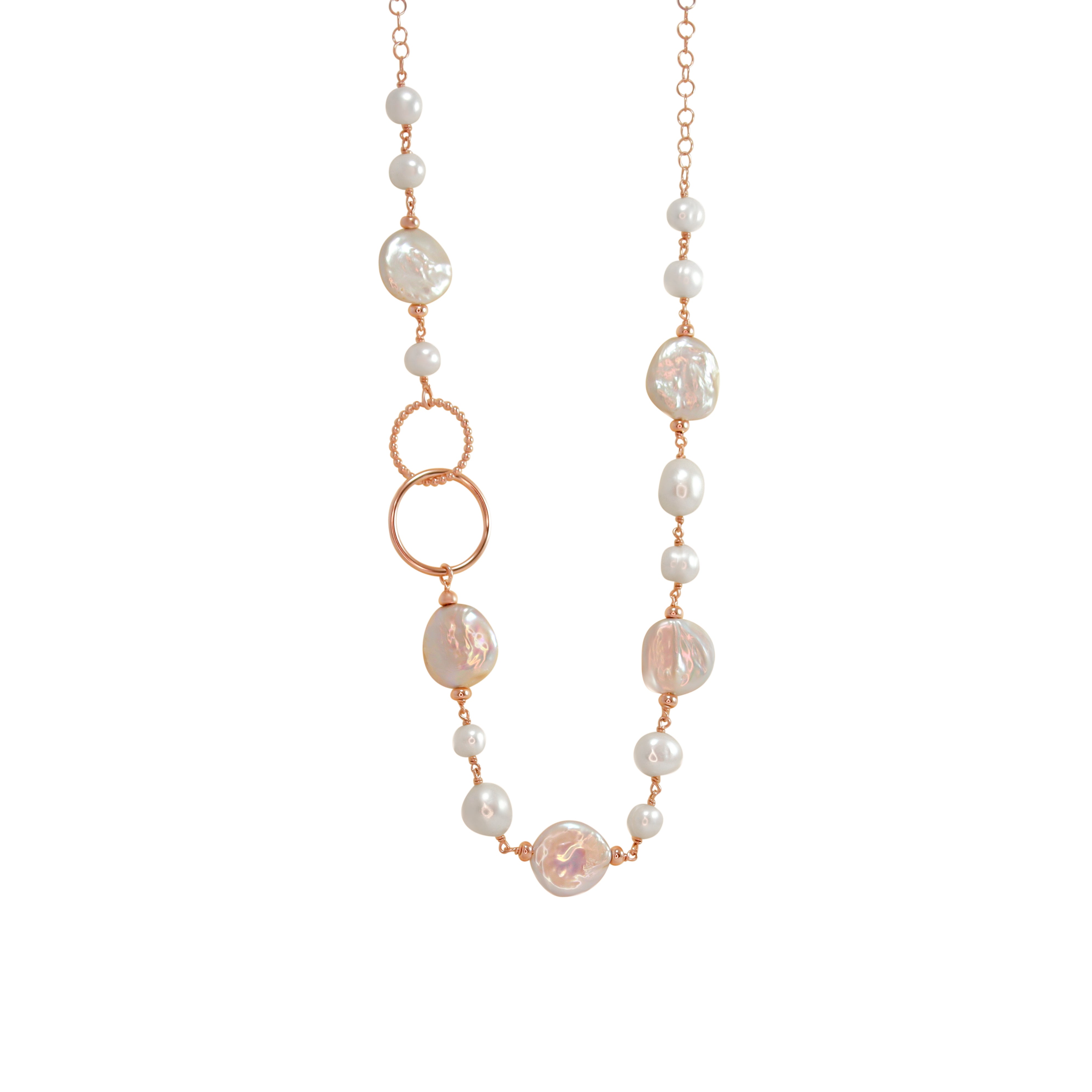 Pearl, Coin Pearl & Circle Link Necklace - 48cm