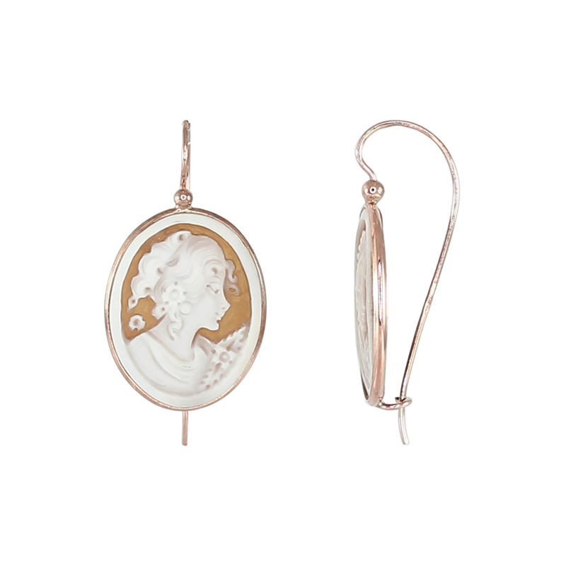 Large Oval Cameo Lady's Head Earrings - Yellow Gold