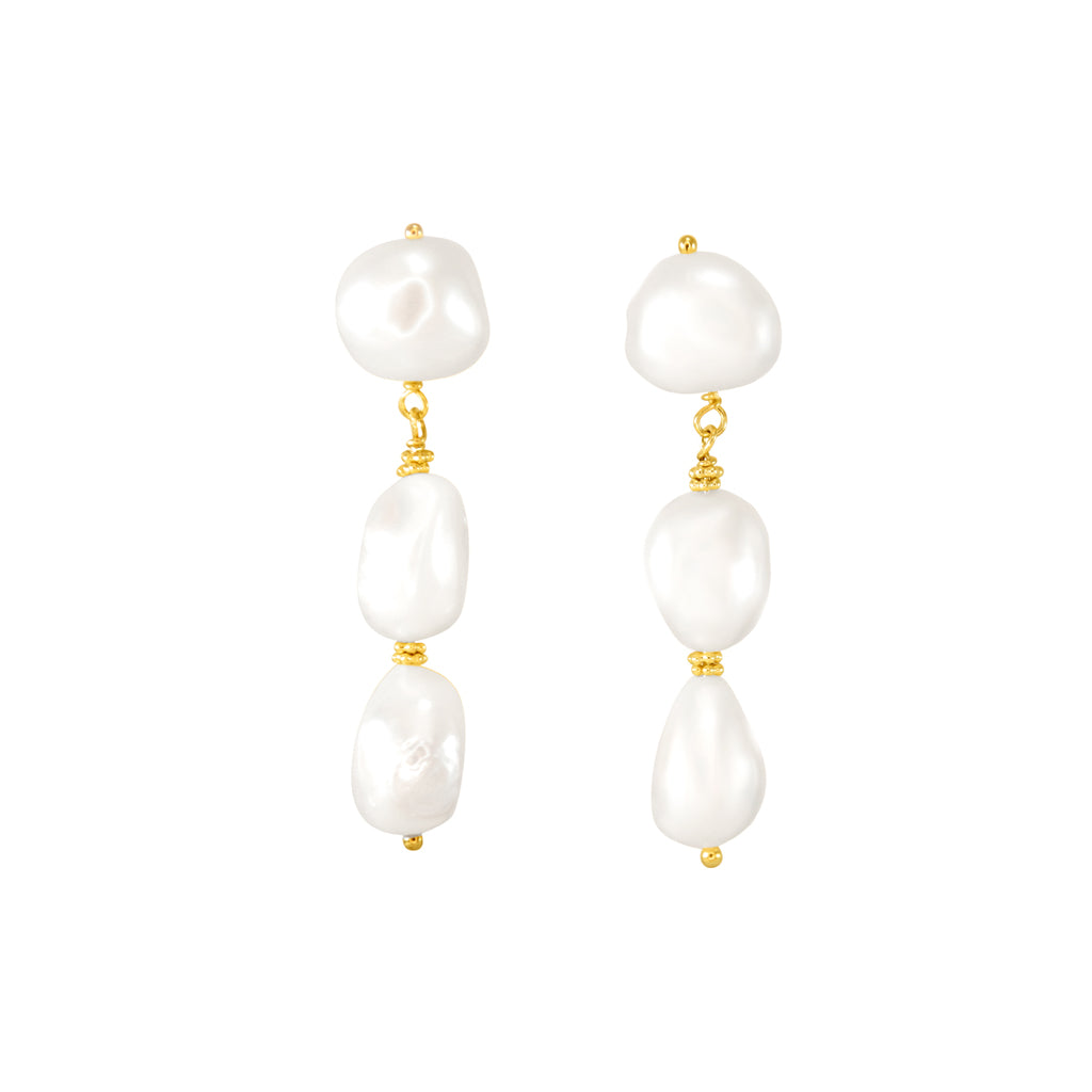 Triple Pearl Drop Earrings - Yellow Gold