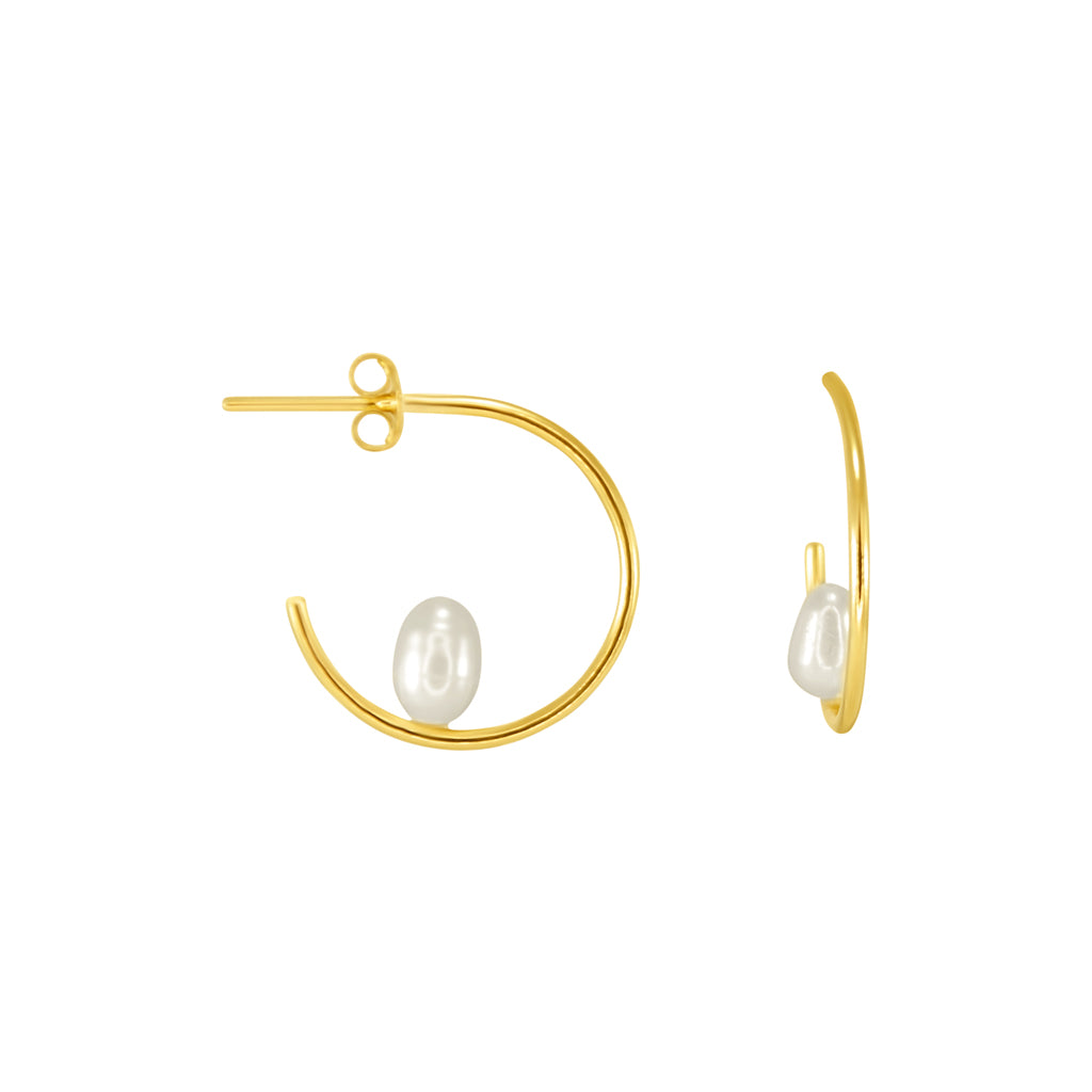 Single Pearl Hoop Earrings - Yellow Gold