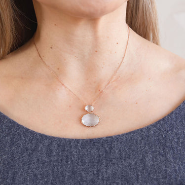 18ct Rose Gold with two White hydrothermal stone drops on 42cm Box Link Chain.