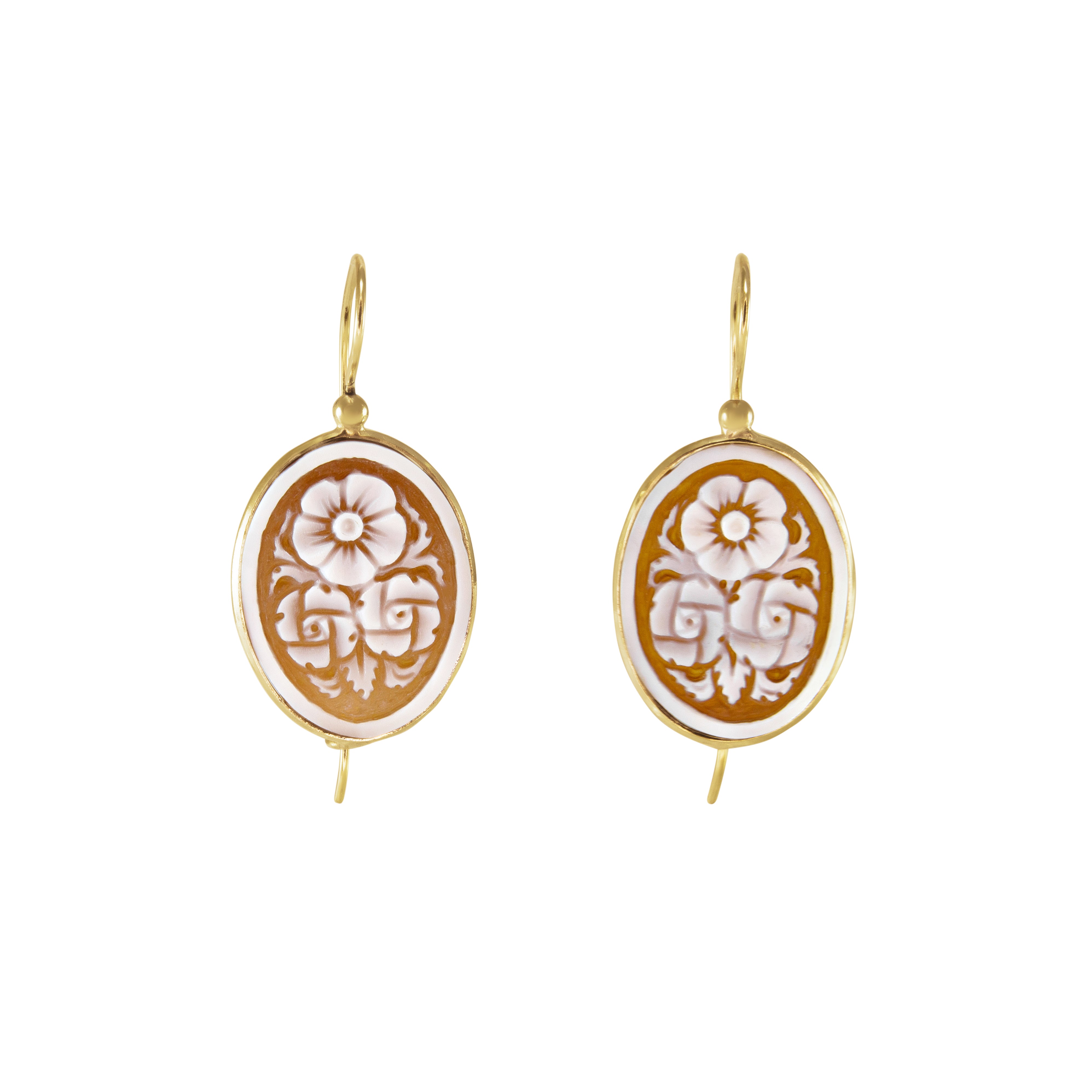 Small Oval Flower Cameo Earrings - Yellow Gold