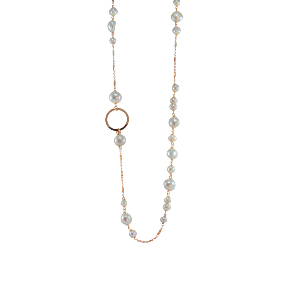 White Pearl and Circle Link Necklace