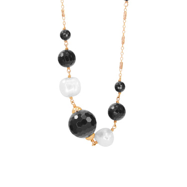 Black Agate & White Pearl Necklace - 120cm