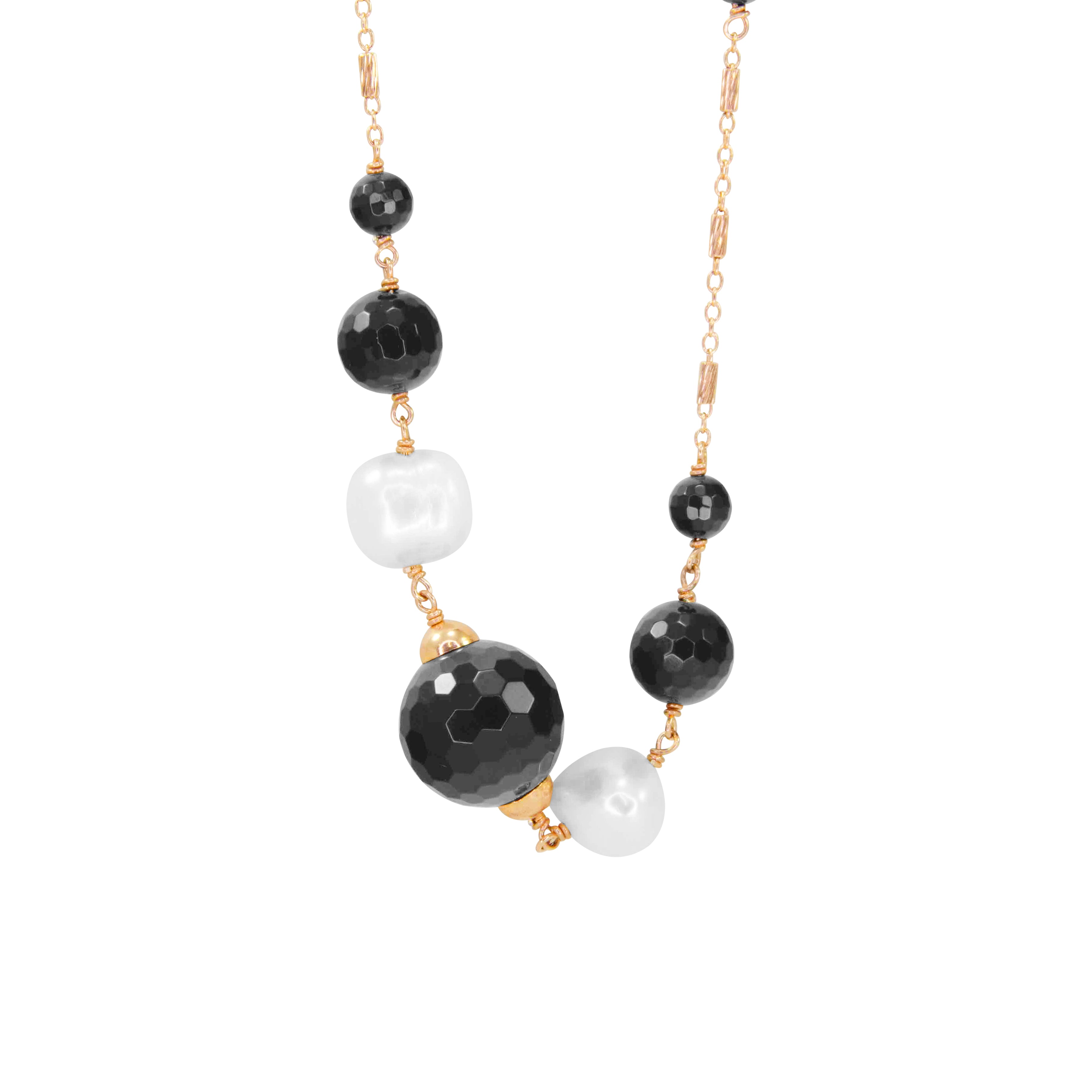 Black Agate & White Pearl Necklace - 120cm