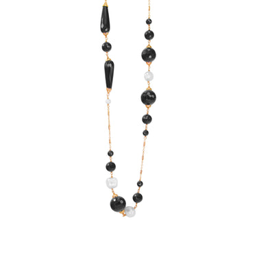 Black Agate & White Pearl Necklace - 120cm