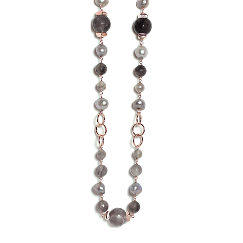 Cloudy Quartz & Silver Pearl Necklace - 100cm