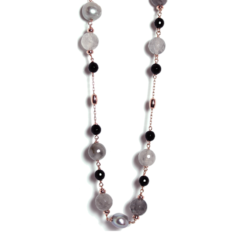Cloudy Quartz & Silver Pearl Necklace - 125cm