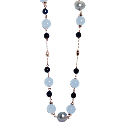 Blue Jade, Dark Blue Agate & Silver Pearl Necklace - 70cm
